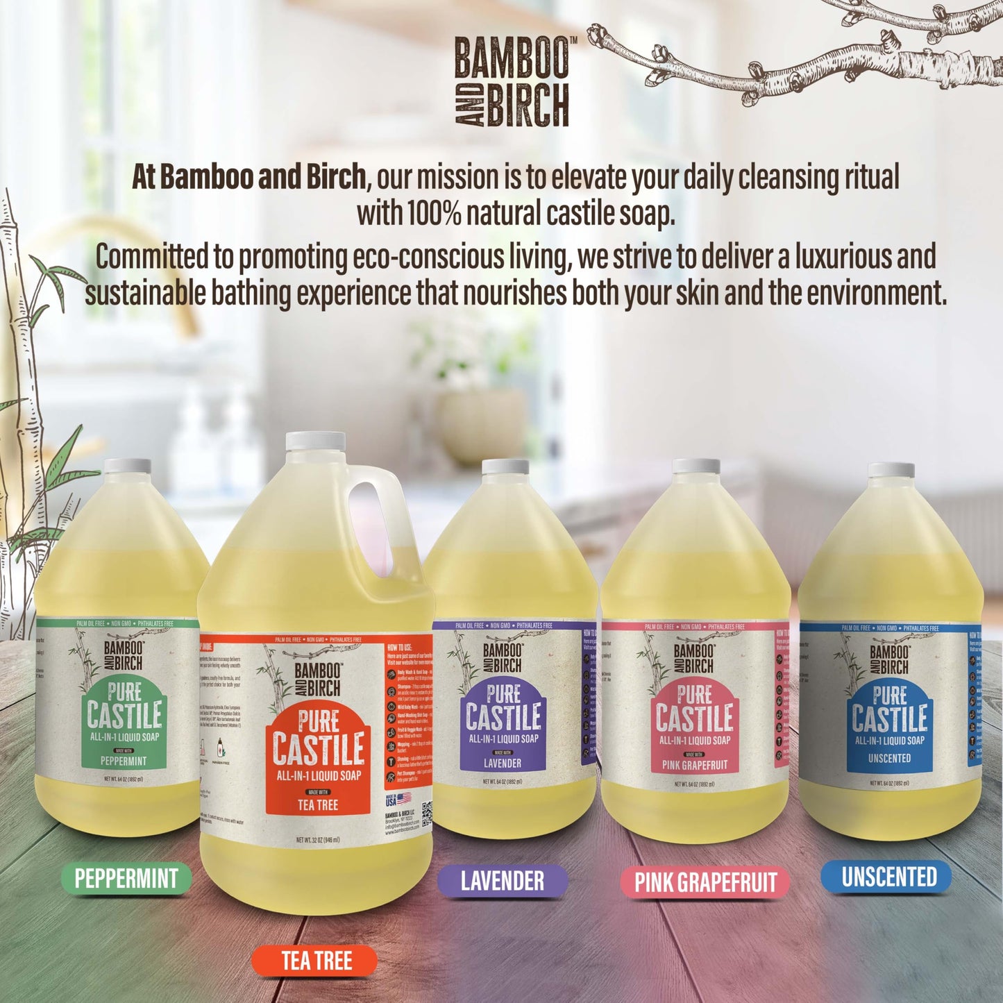 BAMBOO AND BIRCH Pure Castile Soap Liquid, Lavender, 64 oz