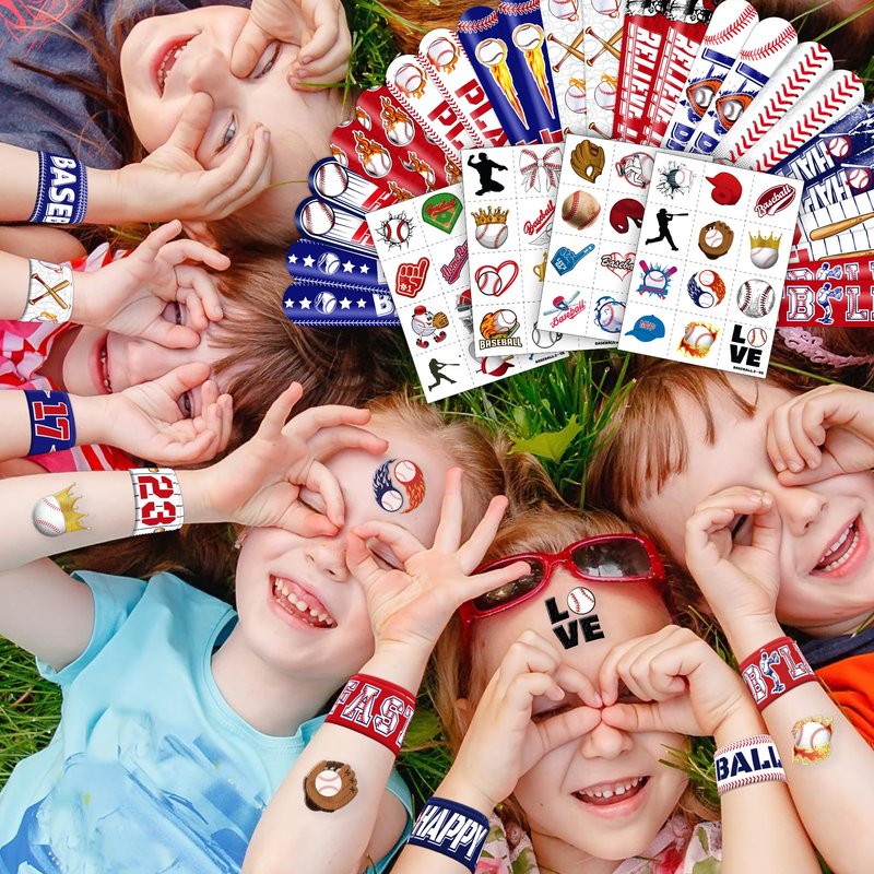 72PCS Baseball Party Set - 48PCS Temporary Pre - Cut Tattoos & 24PCS Slap Bracelets - Fun Sports-Themed Birthday Supplies, Baby Shower Gifts, Classroom Rewards & Party Decor for Kids (Boys & Girls)