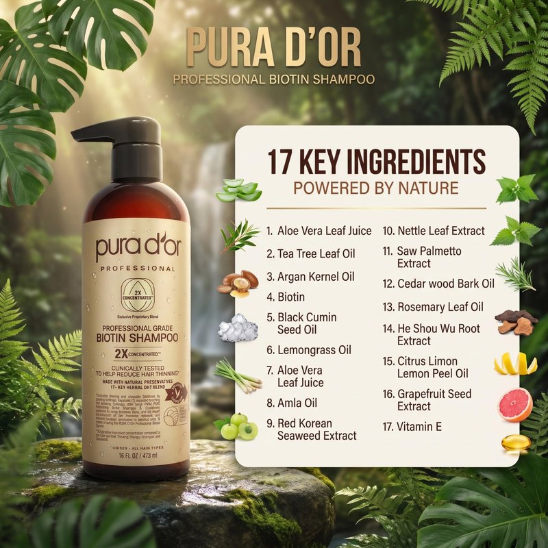 PURA D'OR Clinically Formulated Biotin Shampoo - Daily Hair Care Routine For Thinning Hair - 2X Concentrated 17+ Key Herbal Blend Hair Thickening Products For Women & Men, Botanical Zen Scent 16 Fl Oz