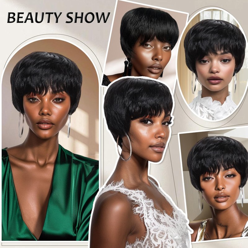 beauty proya Pixie Cut Human Hair Wigs for Black Women Short Layered Pixie Wigs with Bangs Natural Black 4" Brazilian Virgin Straight 100% Human Hair Wear and Go