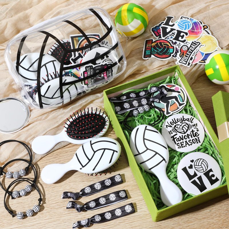 Meanplan 160 Pcs Volleyball Party Favors Volleyball Team Gifts Set Sports Accessories Include Cosmetic Bags Bracelets Hair Ties Hairbrushes Compact Mirrors Stickers for Sports Party Supplies