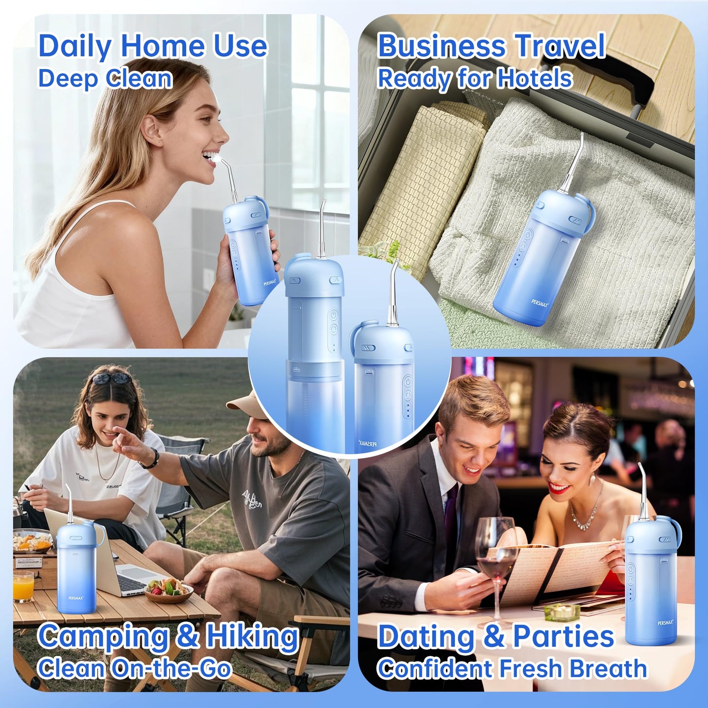 PERSMAX Water Flosser for Orthodontics Teeth Cleaning - Portable Electric Oral Irrigator Pick for Braces, Travel, Kids, with 3 Modes 8 Pressure Settings, 8 Tips, 150ML, IPX7, Gradient Blue