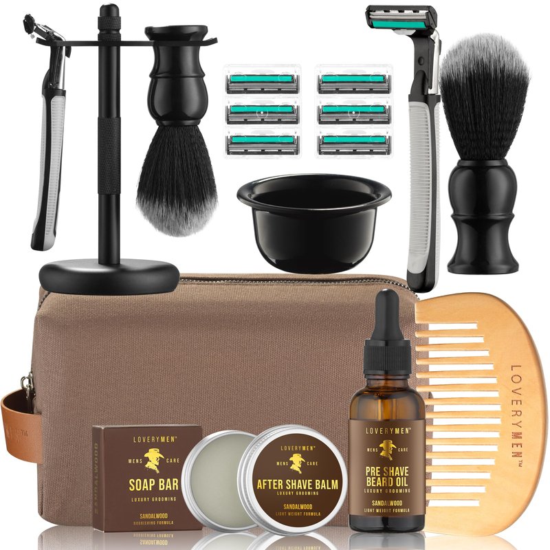Deluxe Shaving Kit for Men, Gifts for Men, 17pc Shaving Brush Kit with Double Edge Safety Razor, Razor Blades, Sandalwood Bar Soap, Preshave Beard Oil & More, Mens Beard Kit, Birthday Gift