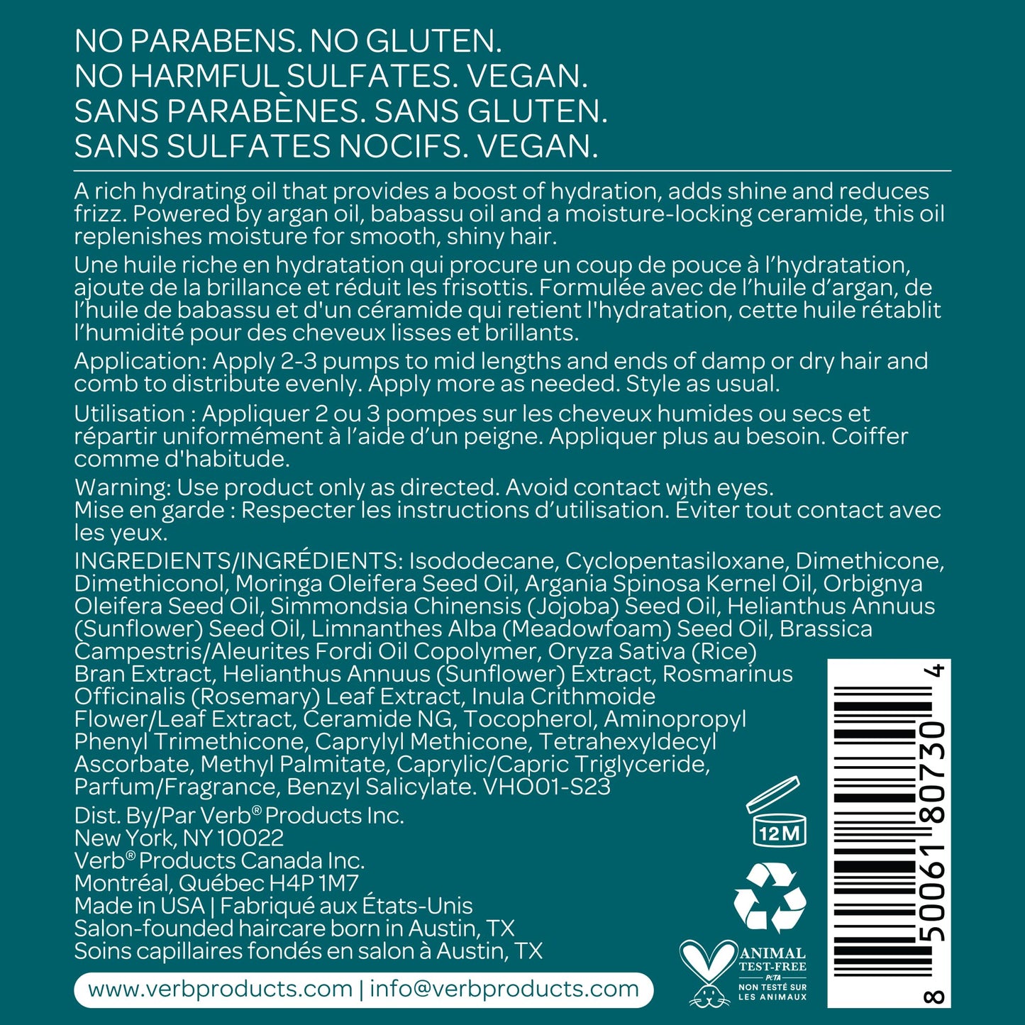 VERB Hydrate Oil, 4 oz – Add Moisture - Increase Shine – Smooth Frizz – Heat Protection for Dry + Frizzy Hair - Amber + Warm Jasmine Scent