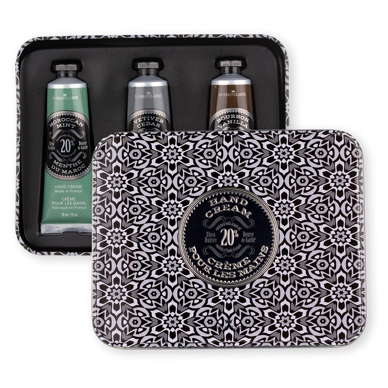 La Chatelaine Hand Cream Unisex Gift Set, Ready-To-Gift Hand Lotion, Travel Size, Natural Hand Cream Made in France with 20% Organic Shea (Moroccan Mint, Vetiver Cedar, Bourbon Vanilla) 3 x 1 fl oz