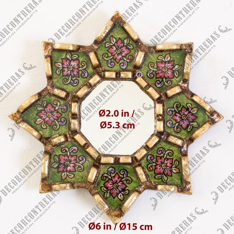 DecorContreras Green Round Wall Mirror – Peruvian Handmade Reverse Painted Glass - Small Decorative Boho Mirror for Living Room - Artisan Peruvian Wall Decor