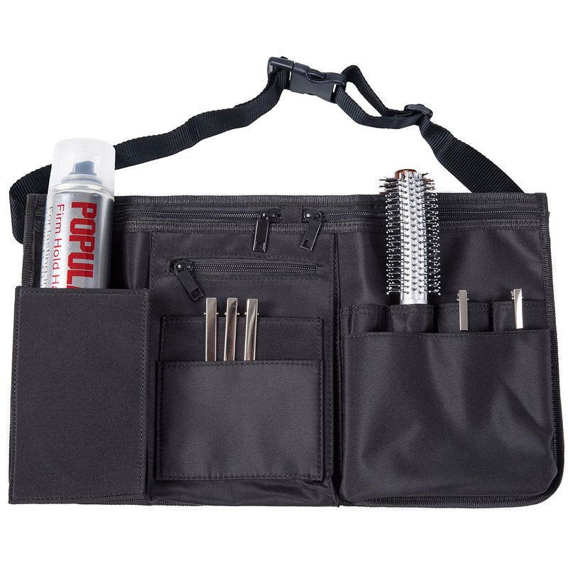 MyGift Professional Black Salon Apron, Makeup Artist Cosmetic Canvas Waist Apron, Multiple Pocket Brush Bag Organizer