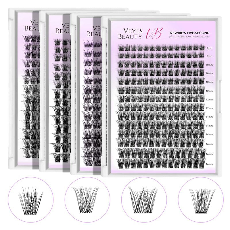 VEYESBEAUTY Lash Clusters Kit Individual Eyelash Extensions Thin & Invisible Band DIY False Eyelashes Newbie's Five-Second Series Wispy Lash Tray, Dreamy KIT with Bond&Seal Remover Applicator