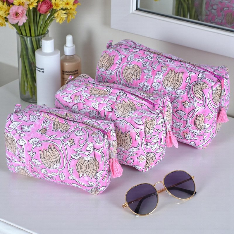 Quilted Floral Block Print Makeup Bag Set of 3 – Cotton Travel Toiletry and Makeup Organizer, Cosmetic Pouch, Toiletry Bag for Women, Cute Boho Coquette Make Up Bags for Women (Small, Medium, Large)