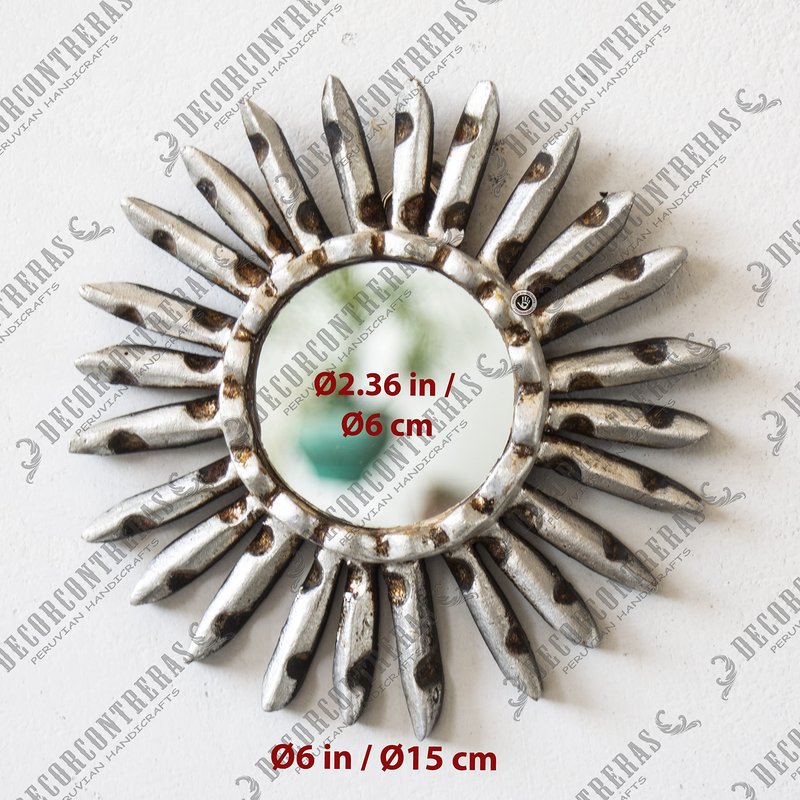 DecorContreras Small Sunburst Mirror with Silver Leaf Finish - Peruvian Carved Wood Round Mirror for Wall Art - Unique Gift for Her or Home (Silver)