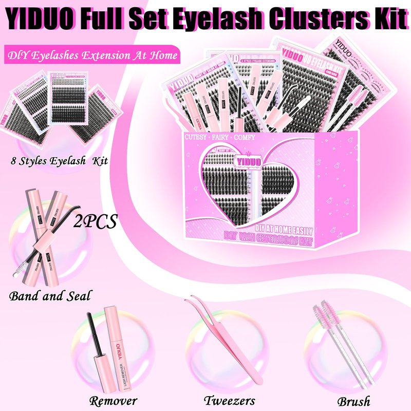 YIDUO Manga Lash Clusters Kit 40D+60D+80D+100 Fairy Spikes+Bottom Clusters Lashes Extensions Kit with 2X Bond and Seal 1094 Pcs 8-18mm Wispy Individual Eyelash Cluster Kit DIY at Home Easily