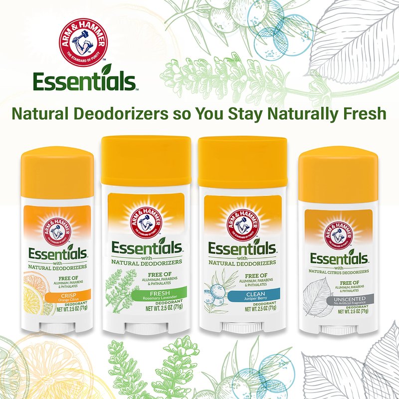 Arm & Hammer Essentials Solid Deodorant, Unscented,2.5 oz, 6 Count
