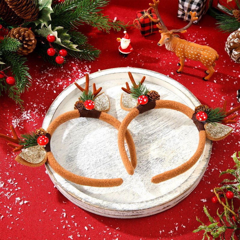 Crowye 6 Pcs Christmas Reindeer Antlers Headband Xmas Glitter Elk Antlers Headband for Hair Accessories(Mushroom Pine Branch)
