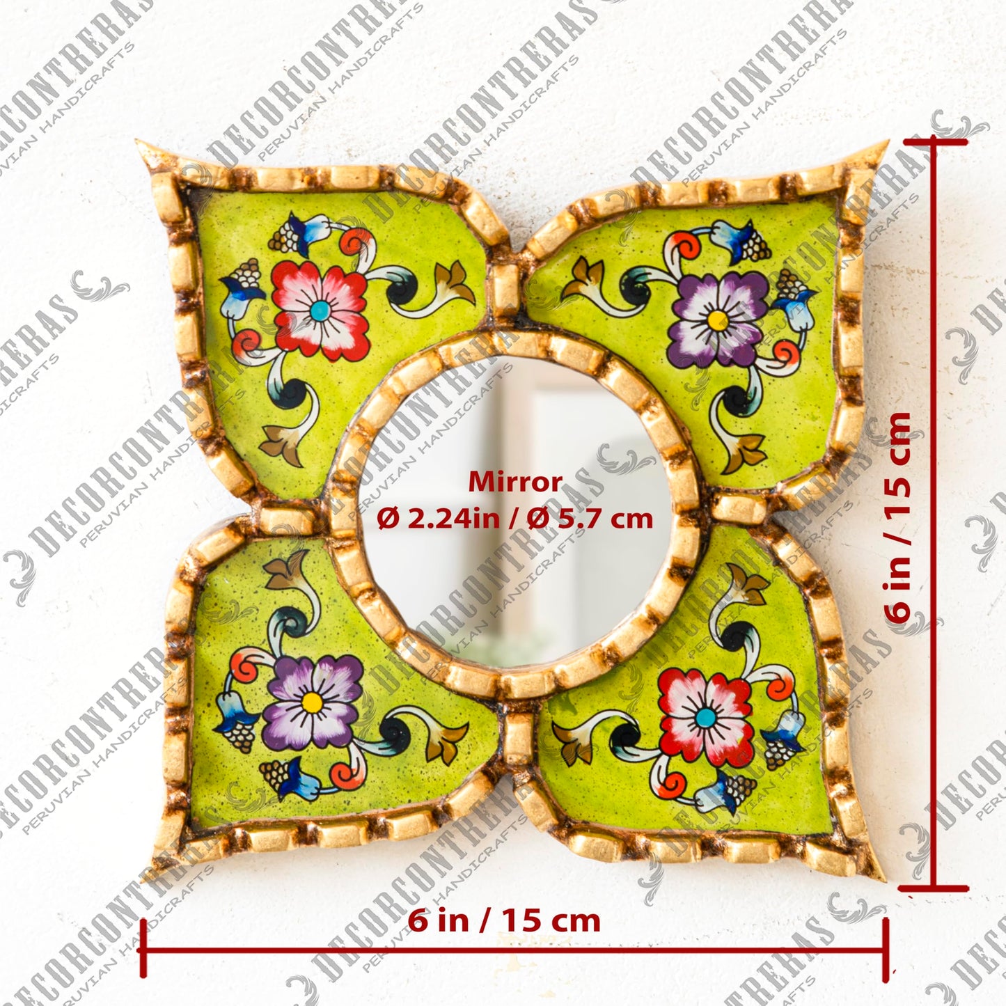 DecorContreras Peruvian Wall Mirror Lime Green Hand Painted Glass Diamond