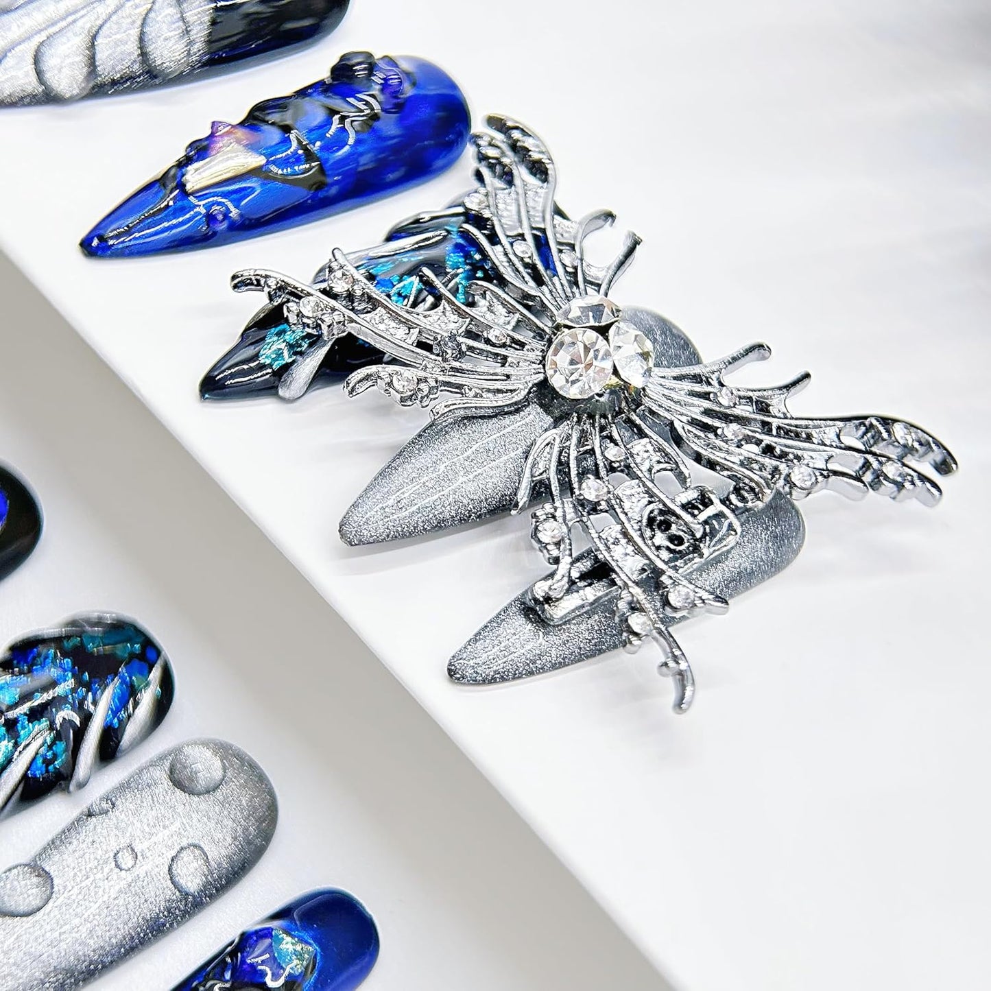 Luxury Handmade Almond Press-On Nails - Reusable Halloween Goth Style, 11pcs Blue Butterfly