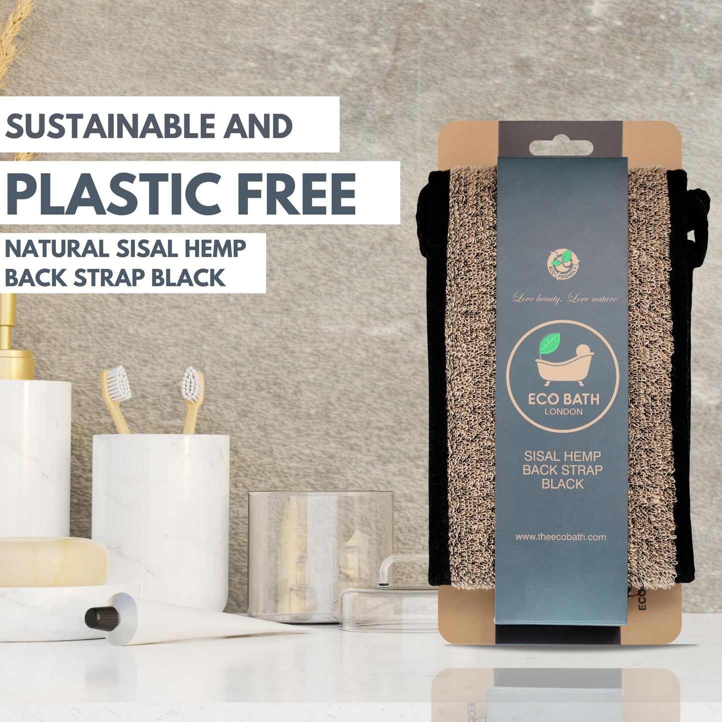 Eco Bath London Natural Sisal Hemp Back Strap Black - Premium Exfoliating Back Washer with Handles, Shower Bath Sponge Body Scrubber for Smooth Skin