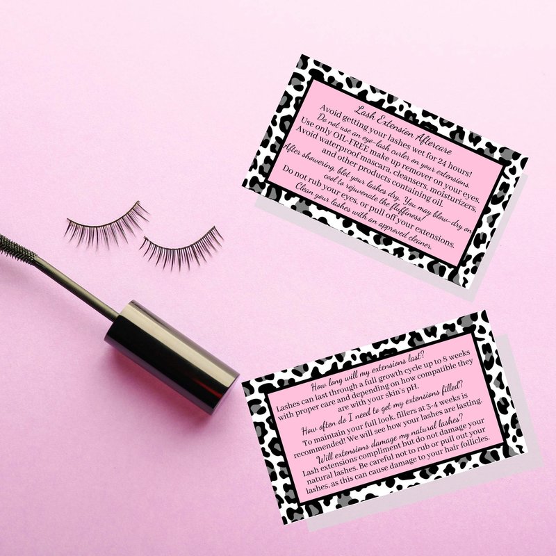Lash Extension Aftercare Instructions Cards | Package of 50 | Leopard Print with Pink Inlay Design Double Sided Size 3.5 x 2" inches After Care (3-4 Week Fillers)
