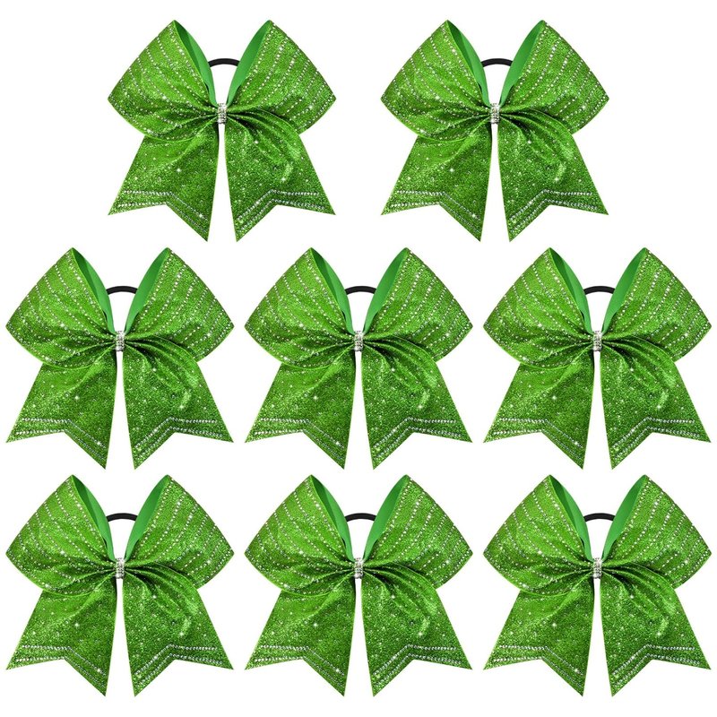 DEEKA 8PCS Green Stripes Glitter Cheer Bows - Iridescent Rhinestones | Large 8" Ponytail Holders for Cheerleaders & Sports