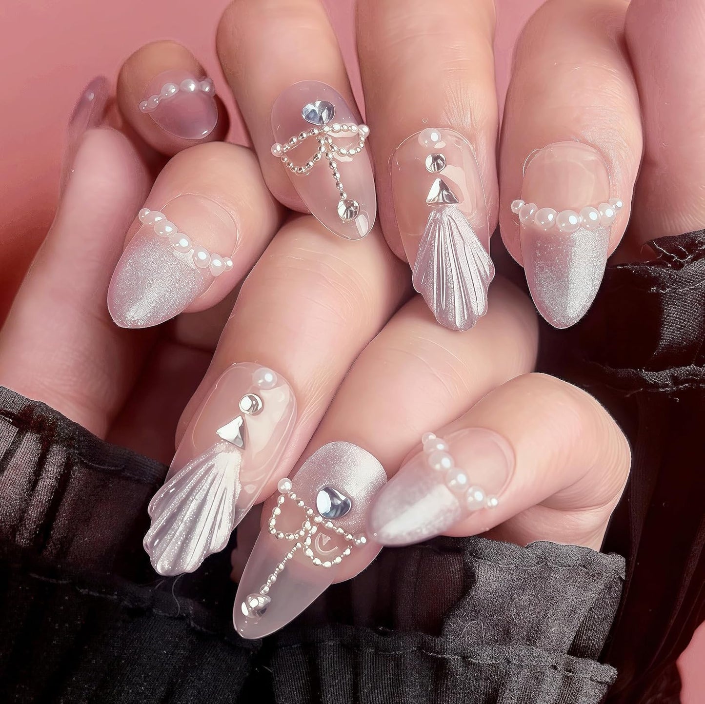 3D Sea Shell Press-On Nails - Handmade Medium Almond Beach Nail Art with Butterflies (L Size)