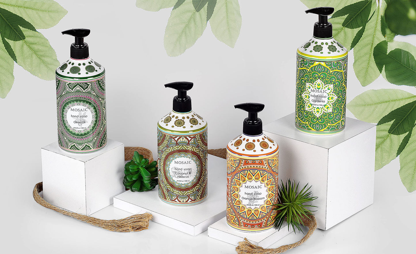 Mosaic Liquid Hand Soap / Hand Wash Gift Set, Ideal for Bathroom and Kitchen Hand Soap Set , Olive Oil + Coconut & Hibiscus + Gardenia + Orange Blossom, 4 x 24.6 fl oz Each Liquid Soap Bottle