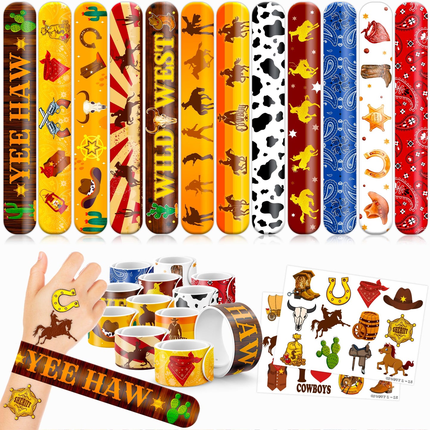 48PCS Cowboy Party Set - 24PCS Temporary Tattoos & 24PCS Slap Bracelets - Wild West-Themed Birthday Supplies, Baby Shower Gifts, Classroom Rewards & Party Decor for Kids (Boys & Girls)