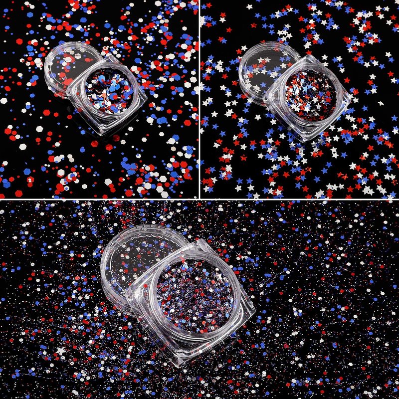 12 Boxes 4th of July Nail Glitter Independence Day 250th Anniversary Patriotic Nail Art Star Sequins Holographic Red Blue Silver Mixed Sparkly Sequins for Women Girls Decoration
