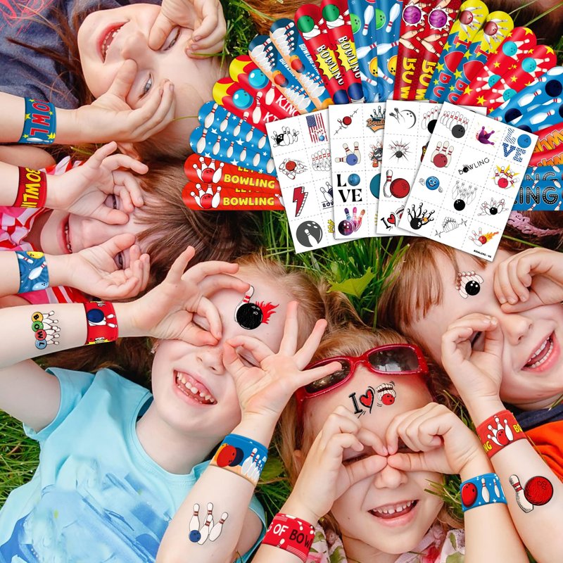 72 PCS Bowling Party Favors Set | 48 PCS Temporary Tattoos & 24 PCS Slap Bracelets Fun Bowling Themed Gifts for Kids, Girls and Boys, Birthday Parties, Baby Showers, Classroom Rewards & Sports Events