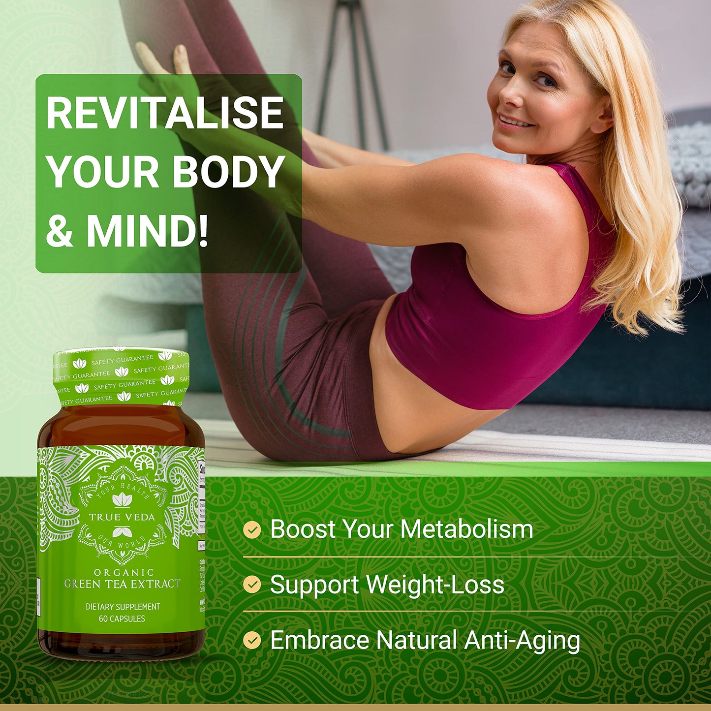 True Veda USDA Organic Green Tea Extract Capsules with EGCG | Premium Plant-Based Green Tea Pills | High Quality EGCG Supplements | Low Caffeine | 60 Vegan Capsules