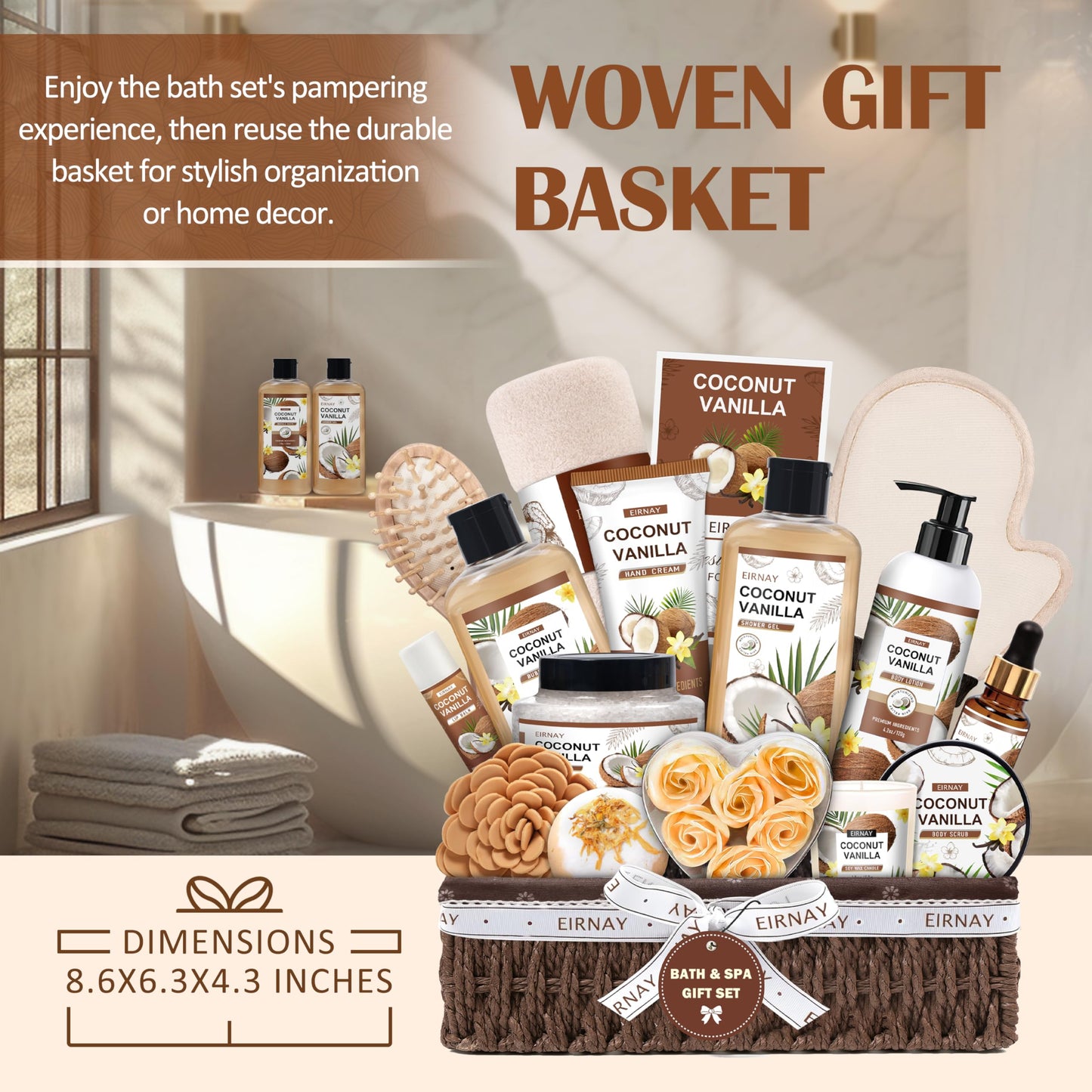 EIRNAY Mothers Day Gifts For Women - 16 PCS Birthday Gift Basket for Women Set of Coconut Vanilla Self Pampering Set, Includes Luxurious Home Spa Shower Gel Bubble Bath