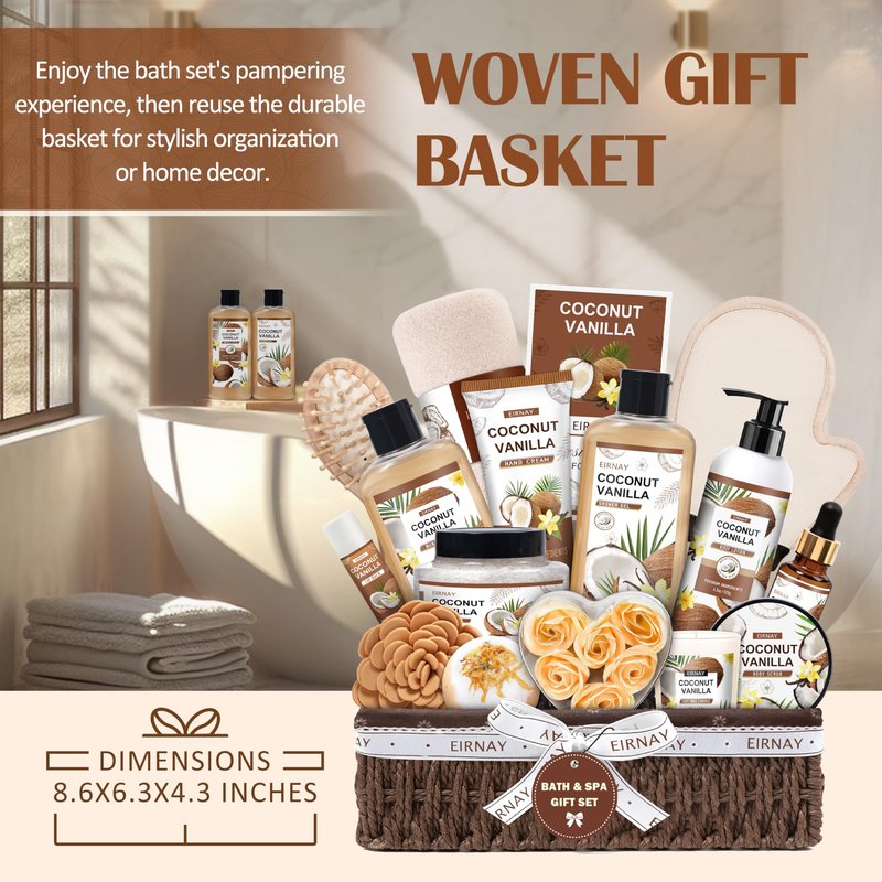 EIRNAY Mothers Day Gifts For Women - 16 PCS Birthday Gift Basket for Women Set of Coconut Vanilla Self Pampering Set, Includes Luxurious Home Spa Shower Gel Bubble Bath