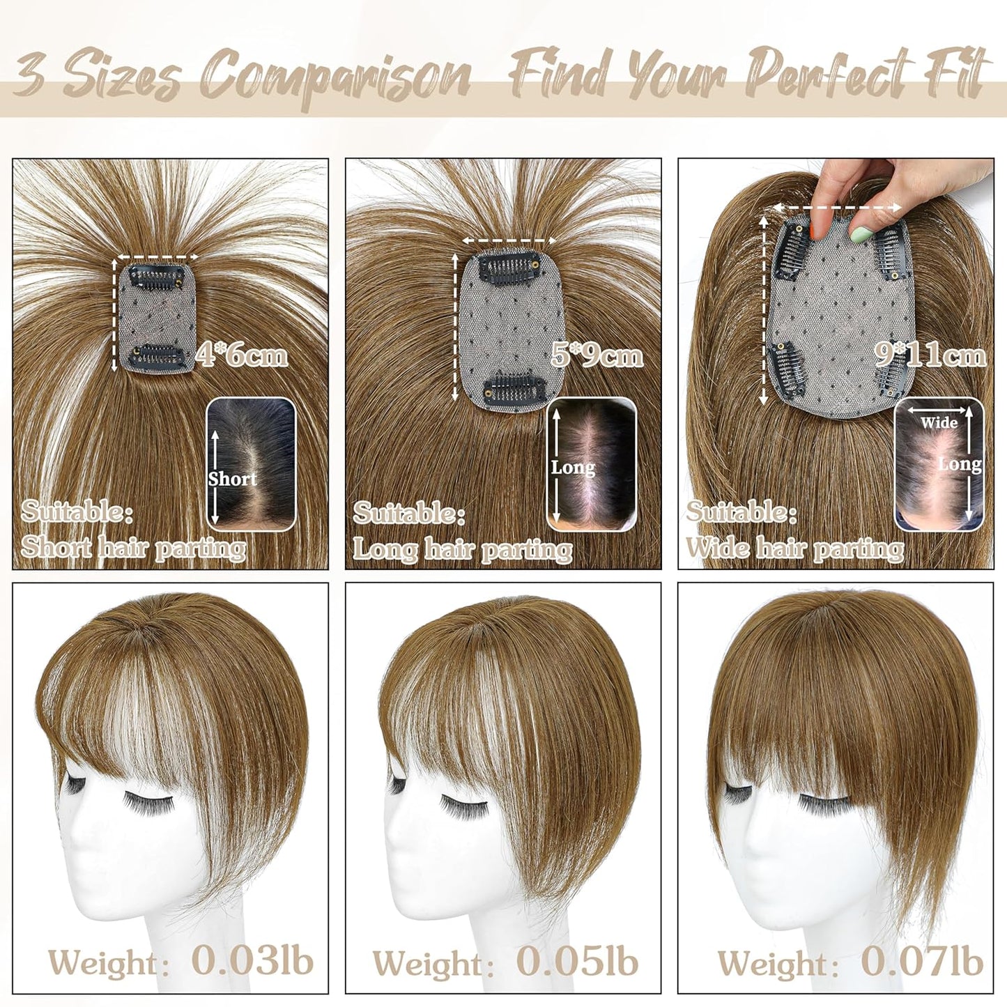 Human Hair Toppers for Women - 150% Density Clip-In Hairpiece with Bangs | 10-Inch Ash Brown for Thinning Hair