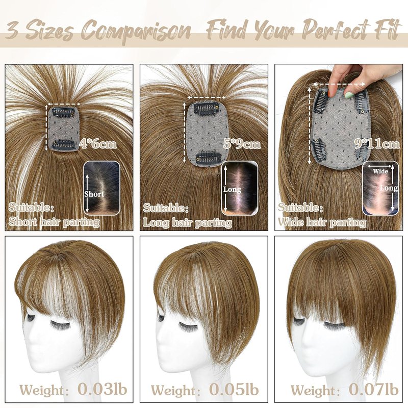 Human Hair Toppers for Women - 150% Density Clip-In Hairpiece with Bangs | 10-Inch Ash Brown for Thinning Hair