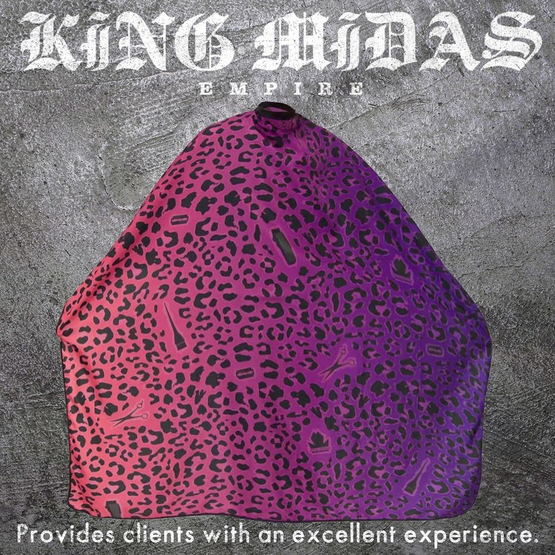 King Midas Barber Hair Cutting Cape for Men & Women - Adjustable Neck Hair Cape for Haircuts with Snap Button, Hairstylist Essentials - Leopard – Purple & Pink