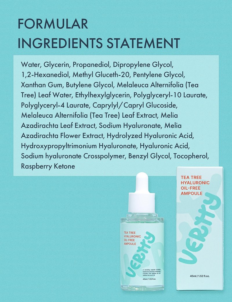 Vertty Tea Tree Hyaluronic Oil Free Ampoule | Hydrating, Moisturizing, Redness Relief Serum | Blemish Skin Corrector Serum | Non-Comedogenic Moisturizer for face | Long-lasting Hydration (1.5oz)