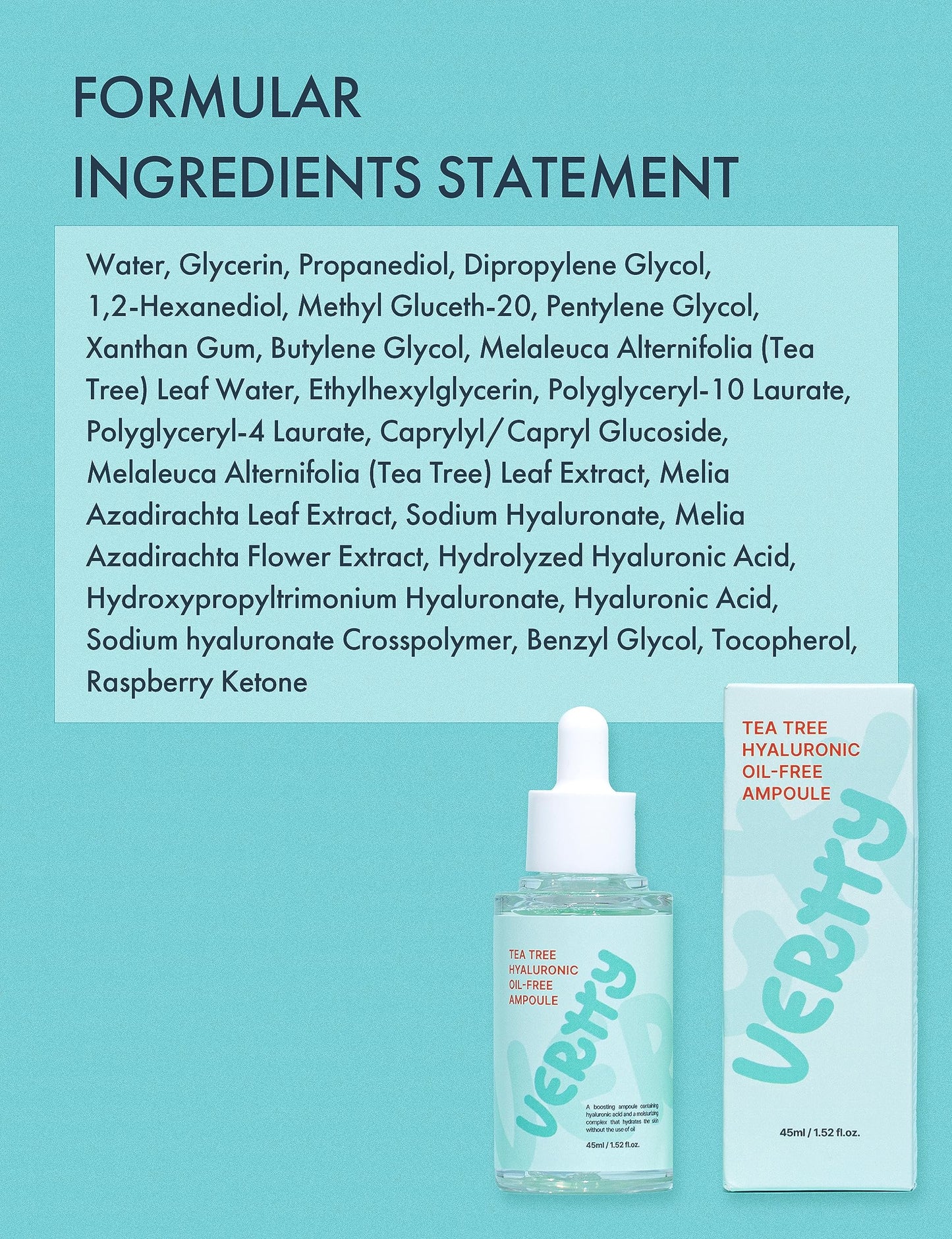 Vertty Tea Tree Hyaluronic Oil Free Ampoule | Hydrating, Moisturizing, Redness Relief Serum | Blemish Skin Corrector Serum | Non-Comedogenic Moisturizer for face | Long-lasting Hydration (1.5oz)