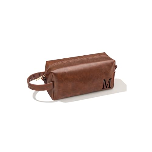 Mens Toiletry Travel Bag Initial M, Personalized Leather Toiletry Bag for Men, Anniversary Christmas Valentines Fathers Day Birthday Gifts for Husband Dad Grandpa Brother