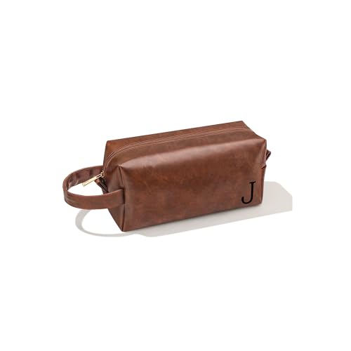 Mens Toiletry Travel Bag Initial J, Personalized Leather Toiletry Bag for Men, Anniversary Christmas Valentines Fathers Day Birthday Gifts for Husband Dad Grandpa Brother