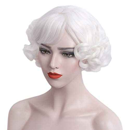 White Short Curly Womens Wig Heat Resistant Synthetic Hair for old lady Halloween Christmas mrs Santa Anime Cosplay costume Daily Wig