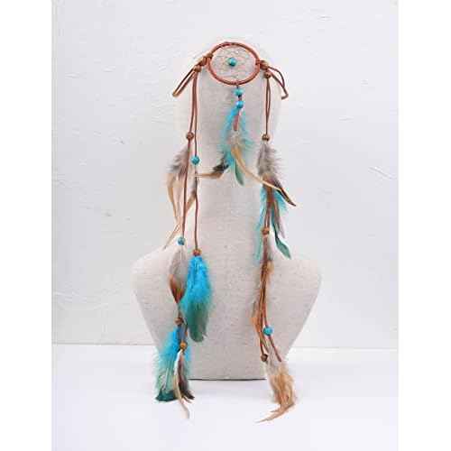 Jumwrit Bohemian Dreamcatcher Feather Headband Indian Gypsy Headpiece with Blue and Brown Feather Tassel Elastic Band Beaded Hairband Hippie Costume Accessories for Women and Girls