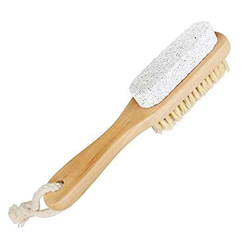 Foot Natural Bristle Brush & Pumice Stone Combo W/Rope wooden handle - Exfoliator Pedicures Calluses Remover - Smoother Body skin, feet, elbow Scrubber for Massage SPA Sauna and more