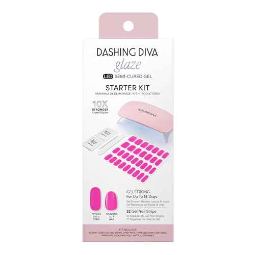 Dashing Diva Glaze Nail Starter Kit - Magenta Madness - Long Lasting, Chip Resistant, Semi-Cured Gel Nail Strips - 7-Piece Manicure Set with 32 Strips and Mini LED Lamp