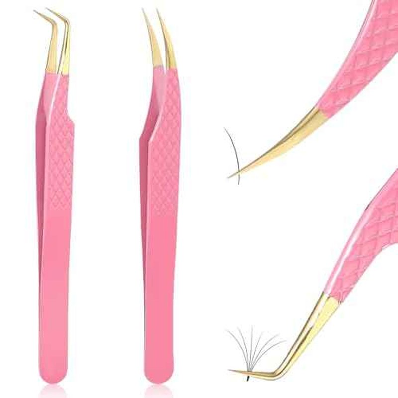 2PCS Professional Lash Tweezers Set, Bent & Straight Tip Precision Eyelash Extension Tweezers for False Lashes, Non-Slip Grip