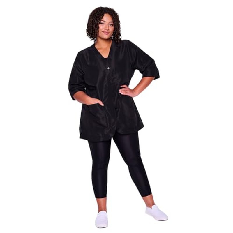 Betty Dain A Size Above Plus Size Salon Stylist Jacket, Cut for Curves, Three-quarter Length Sleeves, Button Down Front, Two Lower Front Pockets, Lightweight, Water Resistant Nylon/Poly, Black, 3X