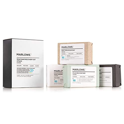 MARLOWE. Soap Discovery Gift Set, Mens Skin Care Variety Selection of Exfoliating Body Scrub, Charcoal, Moisturizing & Polishing Body Bar Soaps for Men, 4 Pack