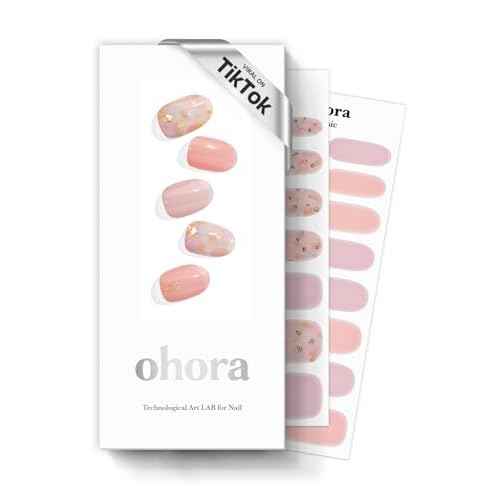 ohora Semi Cured Gel Nail Strips (N Lazy Sunday) - Pink, Patterned, Works with Any UV/LED Lamps, Salon-Quality, Long Lasting, Easy to Apply & Remove - Includes 2 Prep Pads, Nail File & Wooden Stick