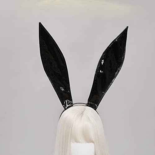 Black Leather Bunny Ear Headband Bendable Rabbit Ears Cosplay Headwear Halloween Party Hair Hoop for Adult