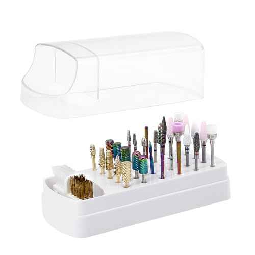 2 In 1 Nail Drill Bits Holder & Nail Drill Bits Cleaner Case,30 Holes Dustproof Nail Art Drill Bits Stand for Nails Display Organizer Container Manicure Tools (Not Include Nail Drill Bits) White