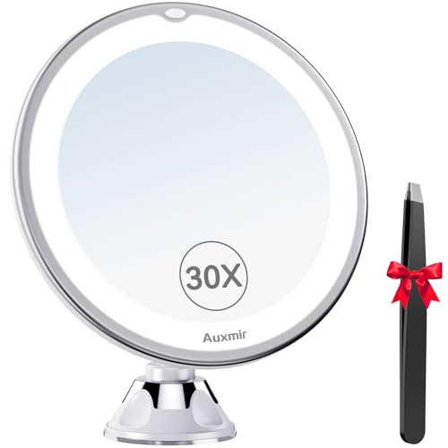 Auxmir 2025 Upgraded 30X Magnifying Mirror with Light, Makeup Mirror with 2-Level Lights, Vanity Mirror with Power Suction Cup and Tweezers, 360¡Æ Swivel, Portable Bathroom Mirror for Home Travel