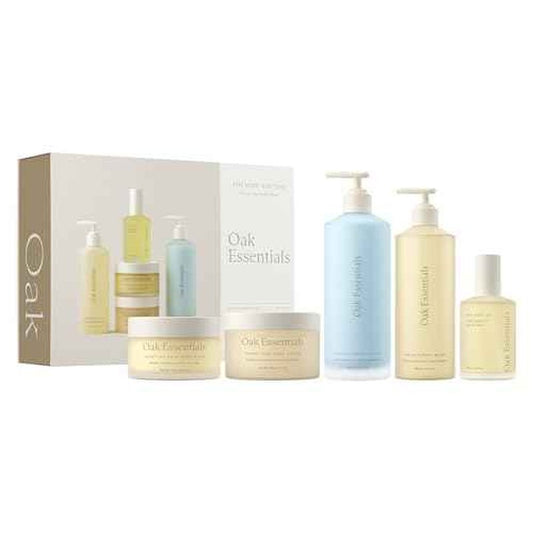 Oak Essentials The Body Routine Set | 5-Step Spa Kit with Blue Tansy Body Lotion, Body Oil, Wash, Scrub & Balm for Hydrated Skin