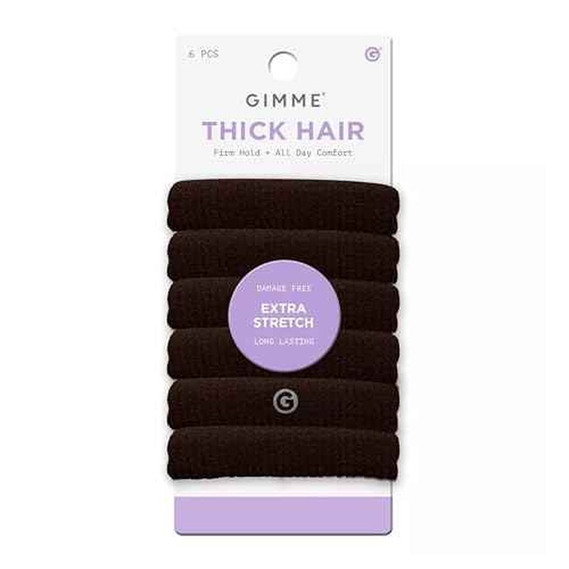 GIMME Beauty Thick Hair Extra Stretch Bands - Patent-Pending Design for Maximum Hold - Premium Ties for Thick & Curly Hair - Sleek & Strong Hold - Dark Brown, 6 Pack